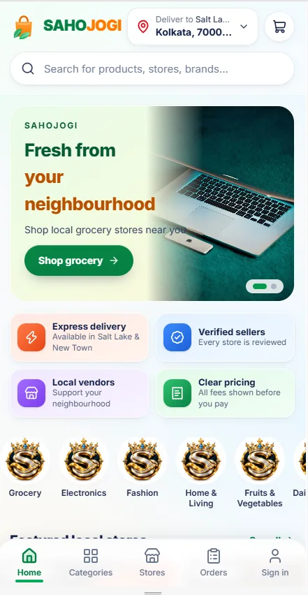SAHOJOGI multi-vendor e-commerce marketplace featuring a mobile-first shopping interface, product categories, local stores, and online ordering.